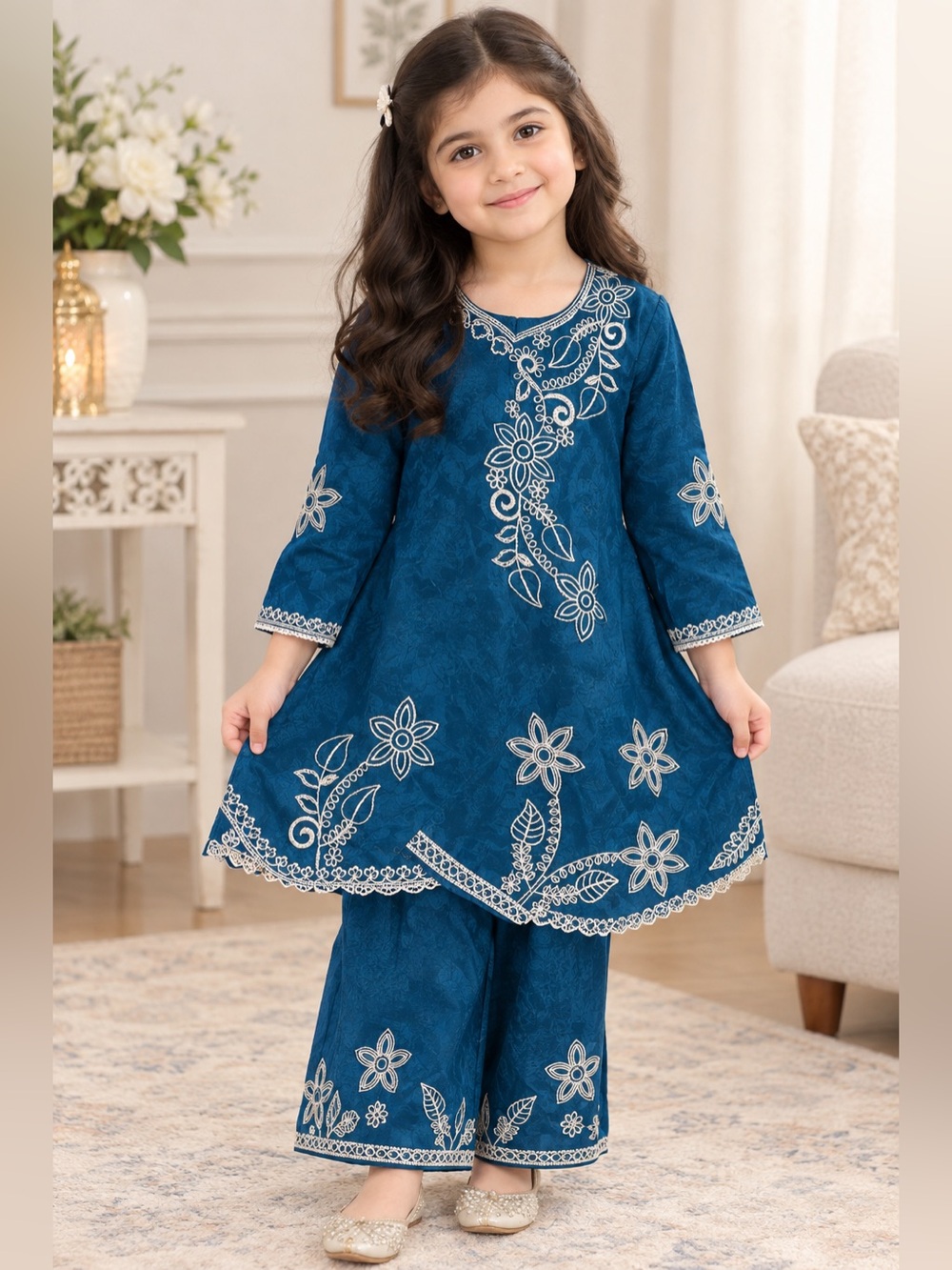 Girls' Teal Blue Embroidered shirt and embroidered trouser Set